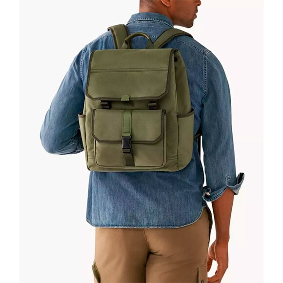 S Fossil Weston Nylon Olive Green Laptop Backpack Leather Trim SBG1320345 NWT main image 4